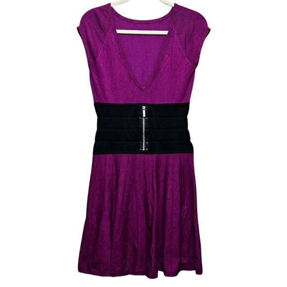 Karen Millen Purple & Black Cap Sleeve Dress Size 3 - Picture 1 of 10